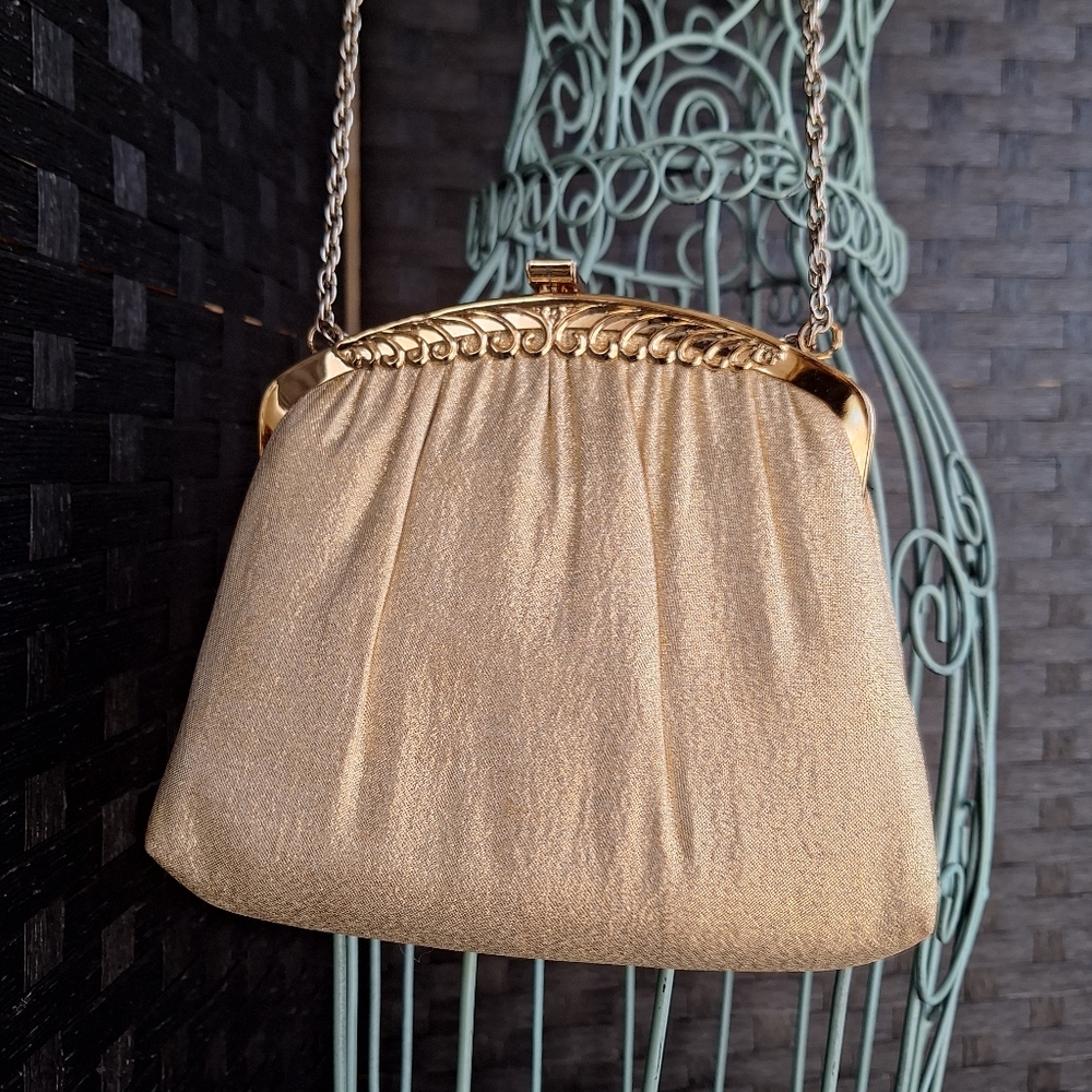 Vintage Purse Gold Lame Kisslock Bag with Chain Link Metal Strap Ornate Clasp